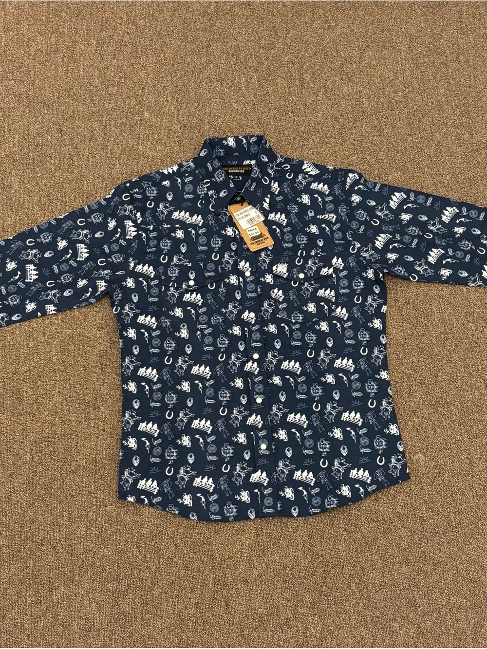 American West Navy Button-Down with White Western Motifs